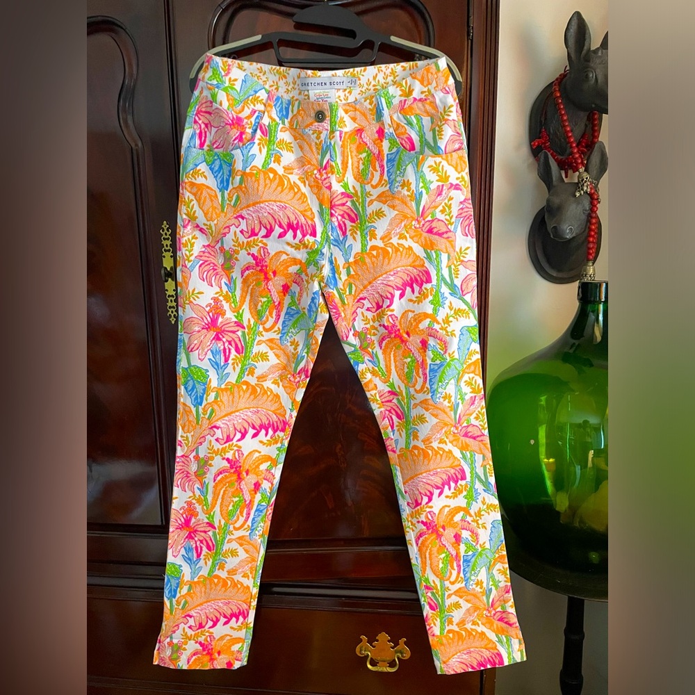 Gretchen Scott whimsical and stylish printed jeans Size L like-new condition